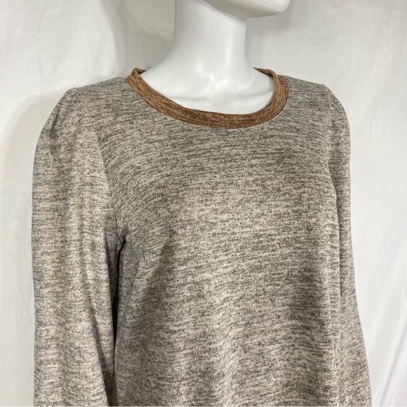 Women’s Lightweight Gray, Brown Crewneck Puff Shoulder Sweater - Picture 2 of 7